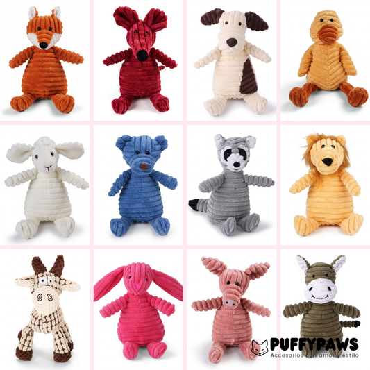 Peluche PuffyFriends™ de pana reforzada | Juguete squeaky con diseño de animales